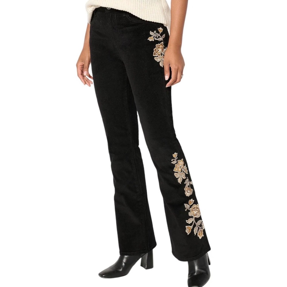 Driftwood Wyatt Black Corduroy Floral Embroidered Flare Pants W20 L32 NW